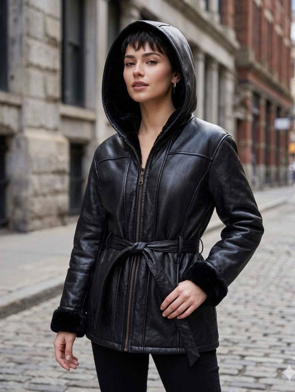 Wilsons Leather Belted Faux Fur Trim Hooded Jacket size L